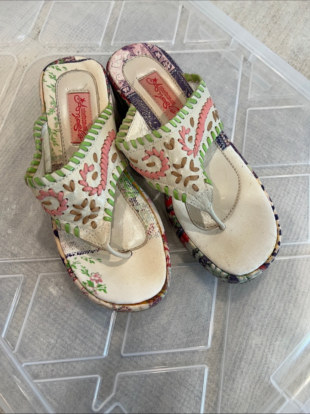 Roberto Cavalli White Leather Thong Sandals with Pink & Green Embroidery